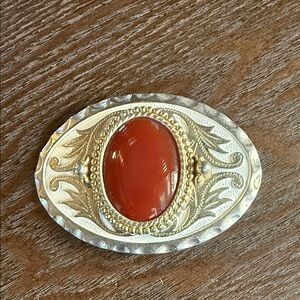 Vintage Oval Silver-Tone Belt Buckle with Red Cabochon